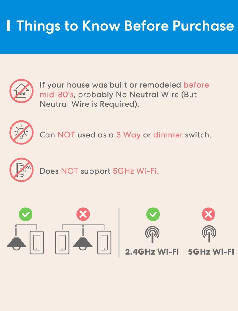 meross مفتاح ضوء ذكي من مرس 2 حزمة يدعم Apple HomeKit و Siri و Alexa و Google Assistant و SmartThings، مفتاح ضوء بقطب واحد 2.4GHz Wi-Fi، يتطلب سلك محايد، لا يتطلب محور - Image 3