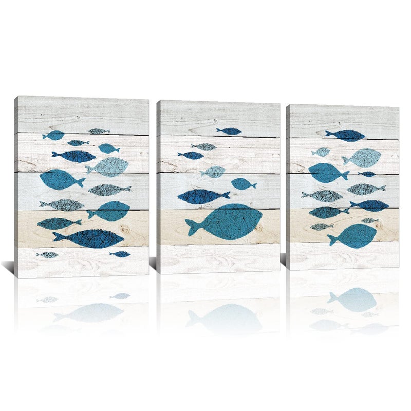 Derkymo 3 Pieces Abstract Tropical Fish Canvas Wall Art Marine Life Pictures Animal Artwork for Kitchen Bathroom Decoration Framed Ready to Hang 12x16x3pcs