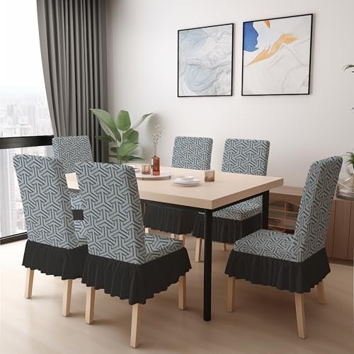 BRIDA Stretchable Floral Geometric Printed Dining Chair Covers Frill Skirt Elastic Chair Seat Case Protector, Slipcovers (Emboss Grey, 6 Chair Cover) - Image 1