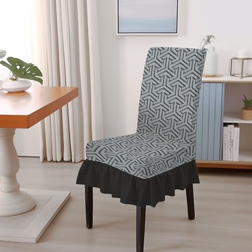 BRIDA Stretchable Floral Geometric Printed Dining Chair Covers Frill Skirt Elastic Chair Seat Case Protector, Slipcovers (Emboss Grey, 6 Chair Cover) - Image 2