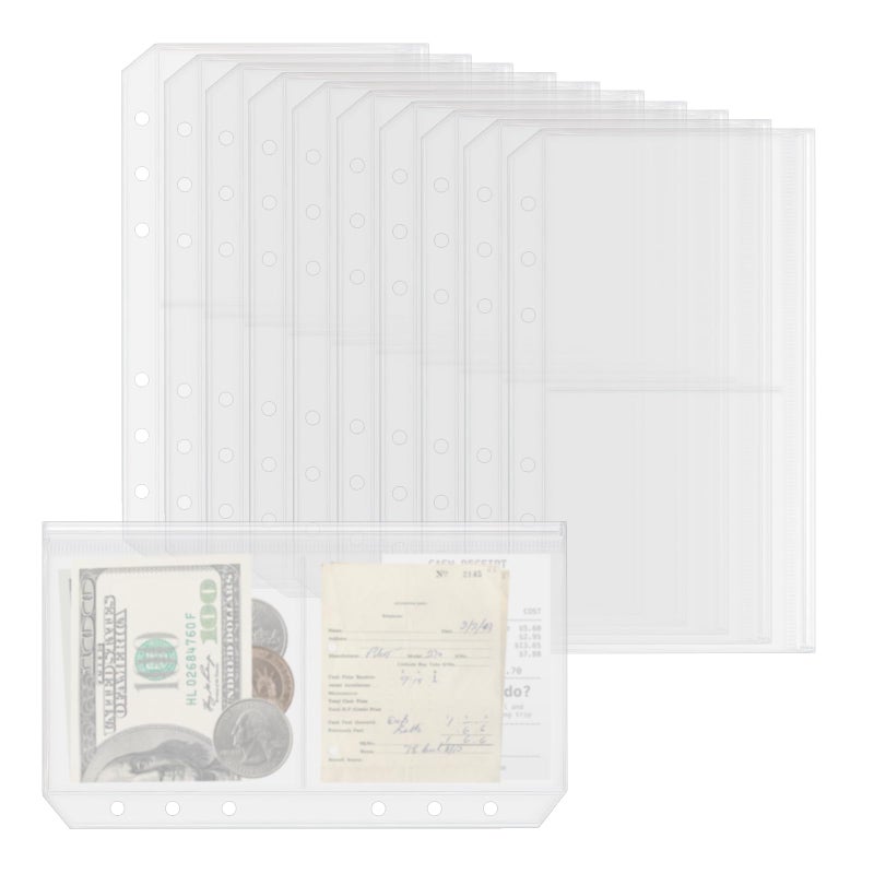 Dajino 10 Pack Multi-Compartment Zippered Binder Pocket Sleeves for 6 Ring A6 Binder - Frosted Divided Zipper Pouch Money Cash Saving Budget Binder Insert Refill Card Page Protector Loose Leaf Bag (2-Pocket) - Image 1
