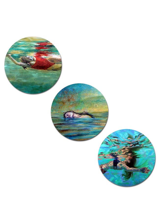 KARTIK KARTIK Round Swimming Print Wall Oil Paintings for Living Room with Wooden Frame and Without Glass - Set of 3  - Image 1