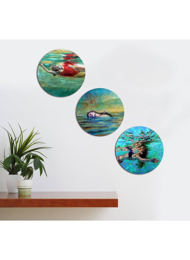 KARTIK KARTIK Round Swimming Print Wall Oil Paintings for Living Room with Wooden Frame and Without Glass - Set of 3  - Image 2