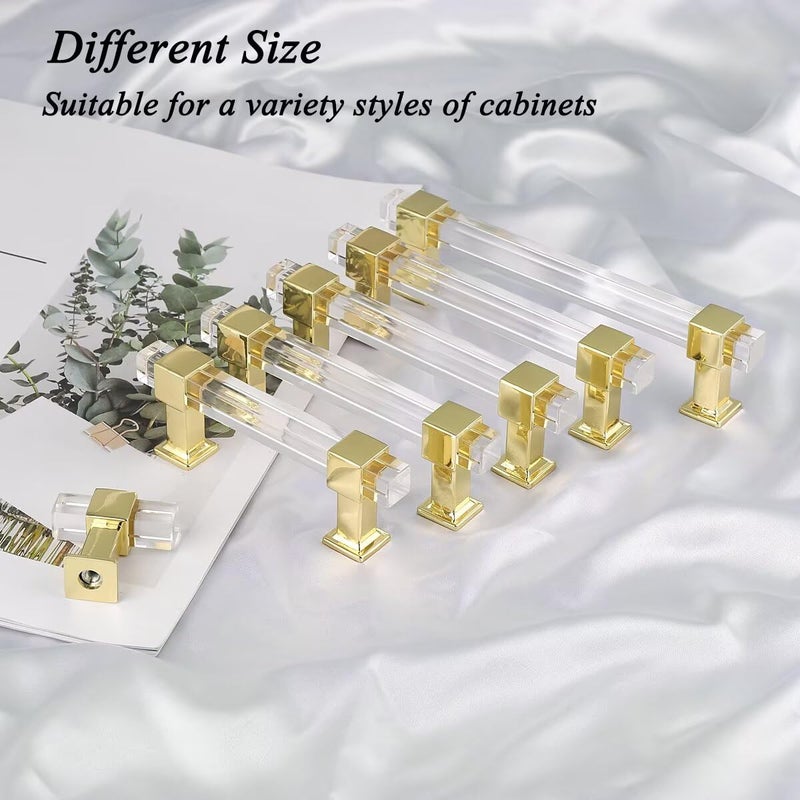 knobelite مجموعة من 10 مقابض أدراج مربعة الشكل من Knobelite، بمسافة 3.5 بوصة بين مركزي الفتحات، مصنوعة من سبائك الزنك الذهبية وأنبوب أكريليك شفاف، مناسبة للمطابخ وغرف النوم. - Image 5