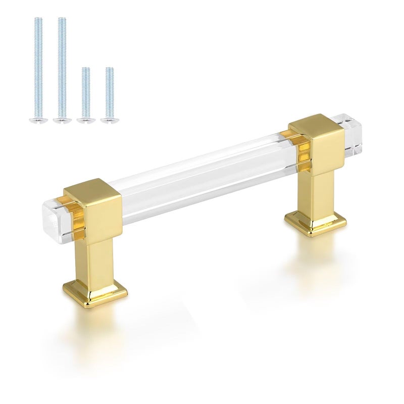 knobelite مجموعة من 10 مقابض أدراج مربعة الشكل من Knobelite، بمسافة 3.5 بوصة بين مركزي الفتحات، مصنوعة من سبائك الزنك الذهبية وأنبوب أكريليك شفاف، مناسبة للمطابخ وغرف النوم. - Image 1