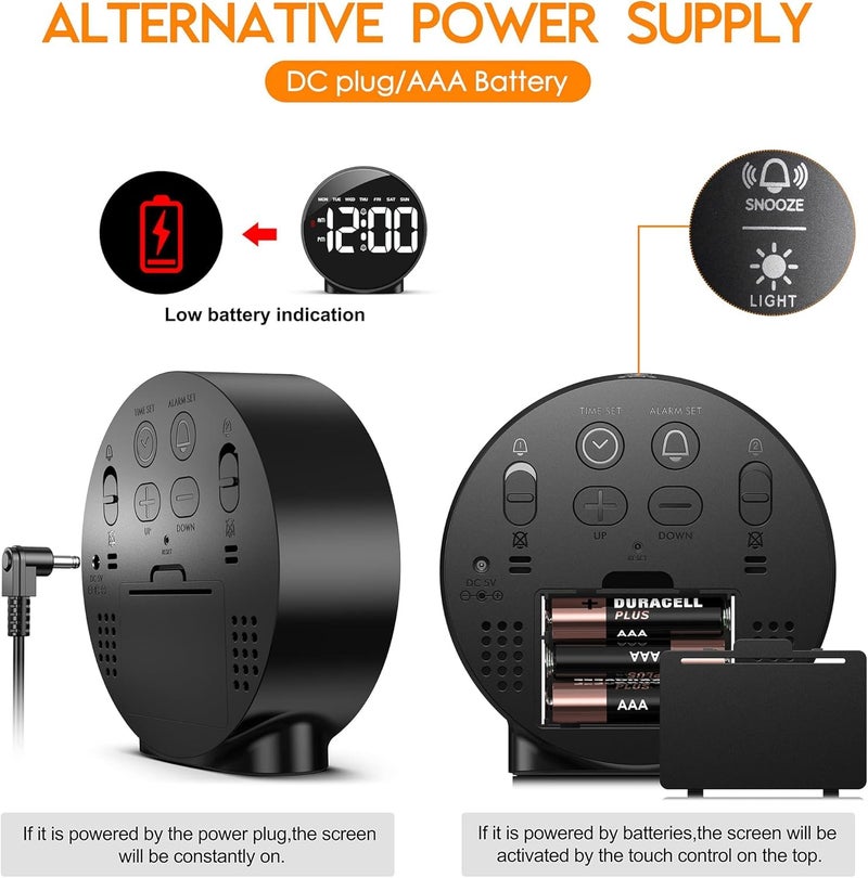 BLURISM Plastic Led Alarm Clock Digital Round Clock with Voice and Touch Activated 2 Separate Alarms Snooze Week 4 Adjustable Brightness USBBattery Powered Black - Image 4