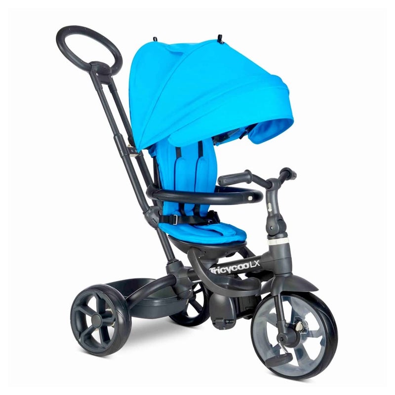 Joovy Joovy Tricycoo LX Premium Kids Tricycle with 8 Stages Featuring Chunky Front Tire Removable and Adjustable Parent Handle Safety Harness MachineWashable Seat Pad and Retractable Canopy Glacier  - Image 1
