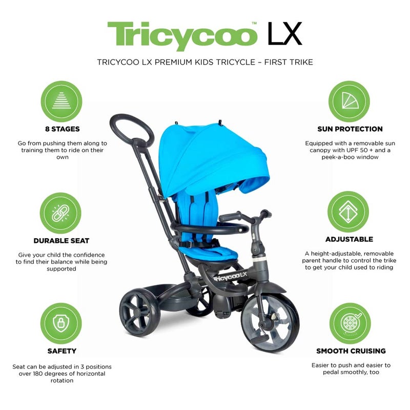 Joovy Joovy Tricycoo LX Premium Kids Tricycle with 8 Stages Featuring Chunky Front Tire Removable and Adjustable Parent Handle Safety Harness MachineWashable Seat Pad and Retractable Canopy Glacier  - Image 5