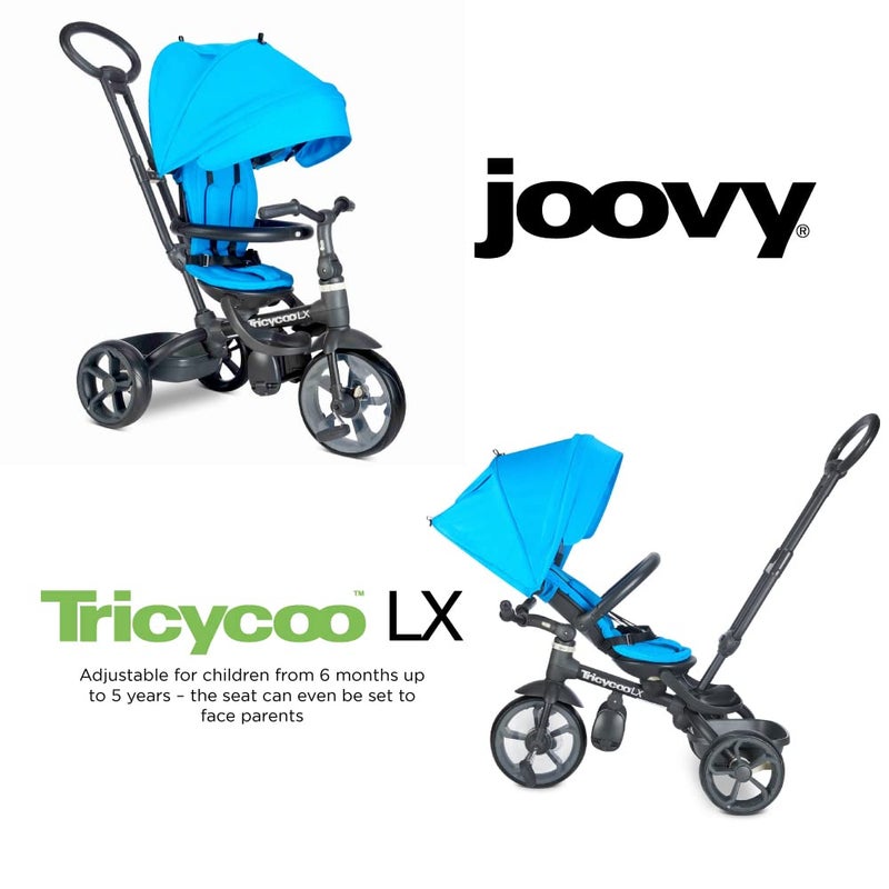 Joovy Joovy Tricycoo LX Premium Kids Tricycle with 8 Stages Featuring Chunky Front Tire Removable and Adjustable Parent Handle Safety Harness MachineWashable Seat Pad and Retractable Canopy Glacier  - Image 3