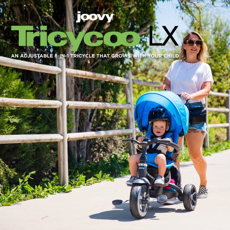 Joovy Joovy Tricycoo LX Premium Kids Tricycle with 8 Stages Featuring Chunky Front Tire Removable and Adjustable Parent Handle Safety Harness MachineWashable Seat Pad and Retractable Canopy Glacier  - Image 2