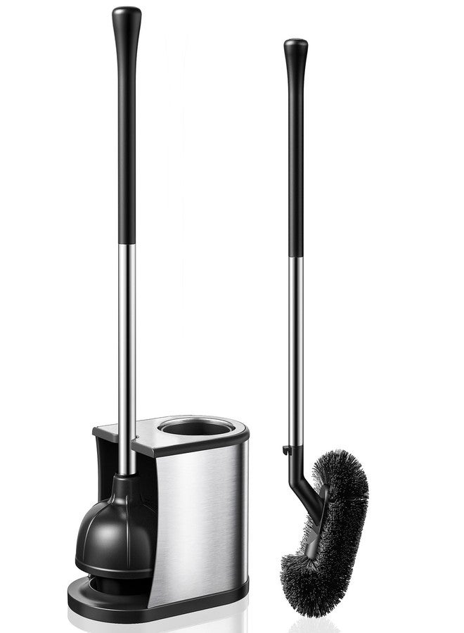 HAMITOR Toilet Plunger and Brush Set: 2 in 1 Stainless Steel Rustproof Combo with Deep Cleaning Curved Bristles - Heavy Duty Toilet Unclogging for Family Bathroom - Compact Apartment Accessories - Image 1