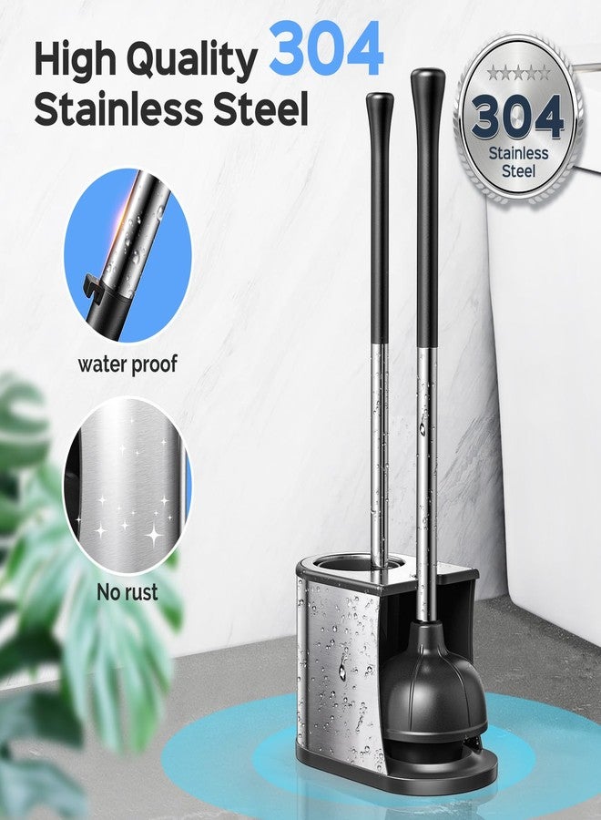 HAMITOR Toilet Plunger and Brush Set: 2 in 1 Stainless Steel Rustproof Combo with Deep Cleaning Curved Bristles - Heavy Duty Toilet Unclogging for Family Bathroom - Compact Apartment Accessories - Image 3