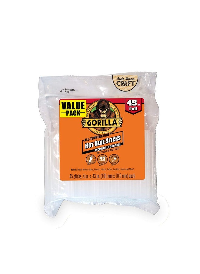 Gorilla Hot Glue Sticks, Full Size, 4" Long X .43" Diameter, 45 Count, Clear, Bonds: Wood, Metal, Glass, Plastic, Floral, Fabric, Leather, Foam, And More (Pack Of 1 With 45 Glue Sticks Per Pack)  - Image 1