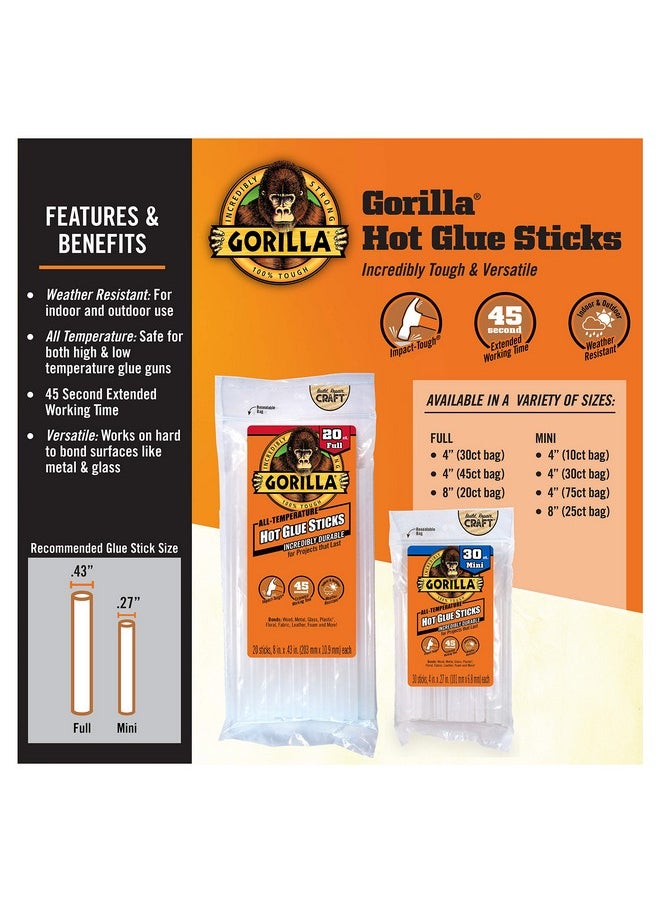 Gorilla Hot Glue Sticks, Full Size, 4" Long X .43" Diameter, 45 Count, Clear, Bonds: Wood, Metal, Glass, Plastic, Floral, Fabric, Leather, Foam, And More (Pack Of 1 With 45 Glue Sticks Per Pack)  - Image 2