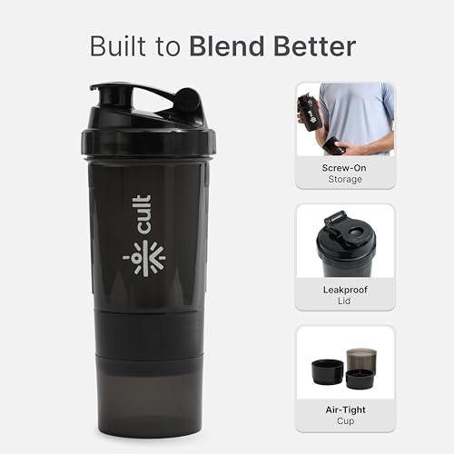 Cult Spider Gym Shaker Bottle | 550ml | 2 Storage Compartment | Workout | Shaker Bottle for Men & Women | Black - Image 5