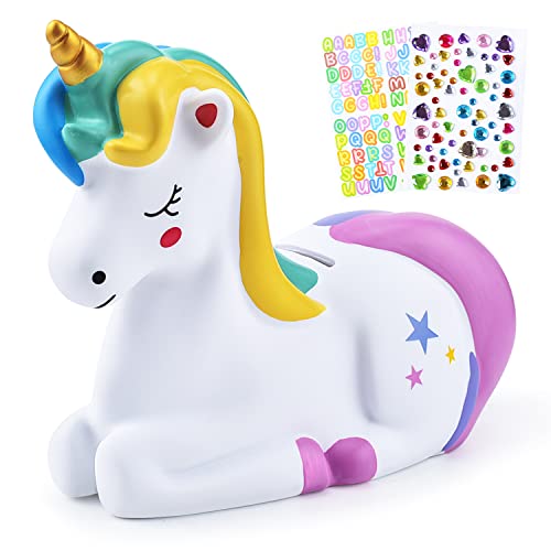 PJDRLLC Piggy Bank Girls Unicorn Piggy Banks  Unbreakable Plastic Coin Money Bank with Alphabet Stickers  Rainbow - Image 1