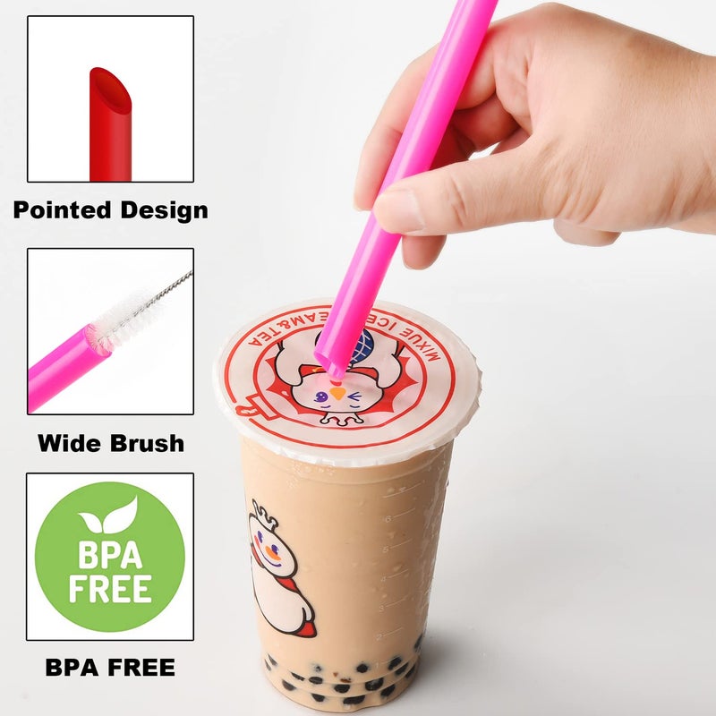 ALINK 12 PCS Reusable Boba Straws, 10.5 Long x 0.51 Wide Colored Plastic Smoothie Straws for Bubble Tea, Tapioca Pearls with 2 Cleaning Brush - Pointed Design - Image 3