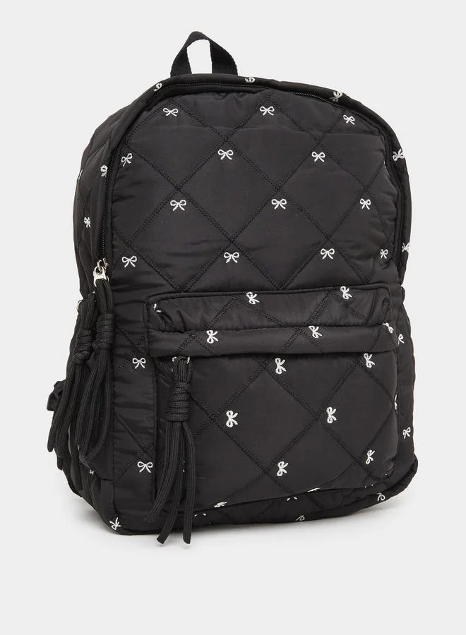 Women Black Quilted Look Backpack with Bow Detail