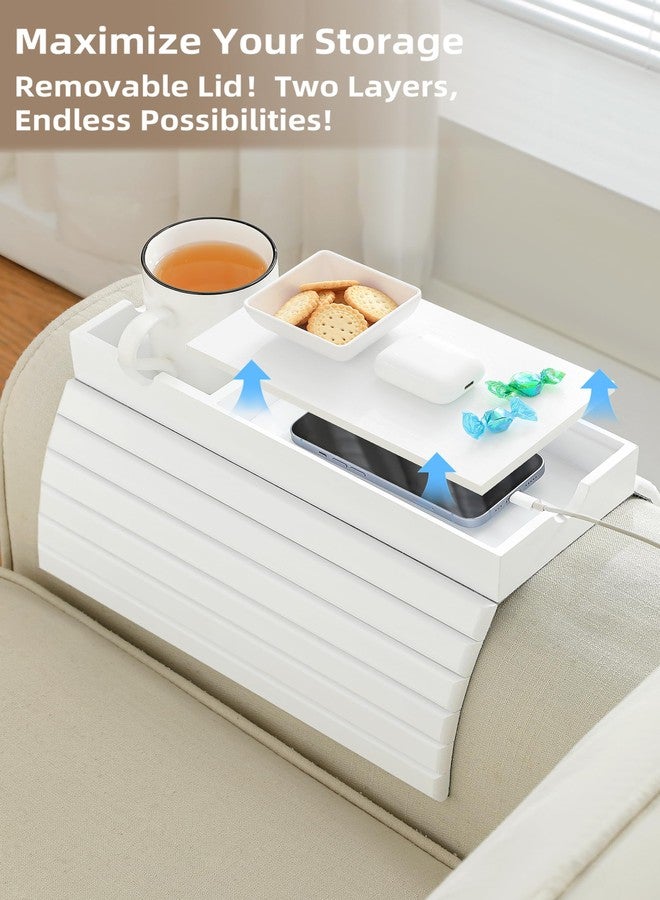 ROCDEER صينية مسند ذراع الأريكة من روكدير، صينية كبيرة من الخيزران لحمل الأكواب مع مساحة تخزين مخفية، مسند ذراع الأريكة محمول ومضاد للانسكاب للمشروبات والوجبات الخفيفة (أبيض) - Image 4