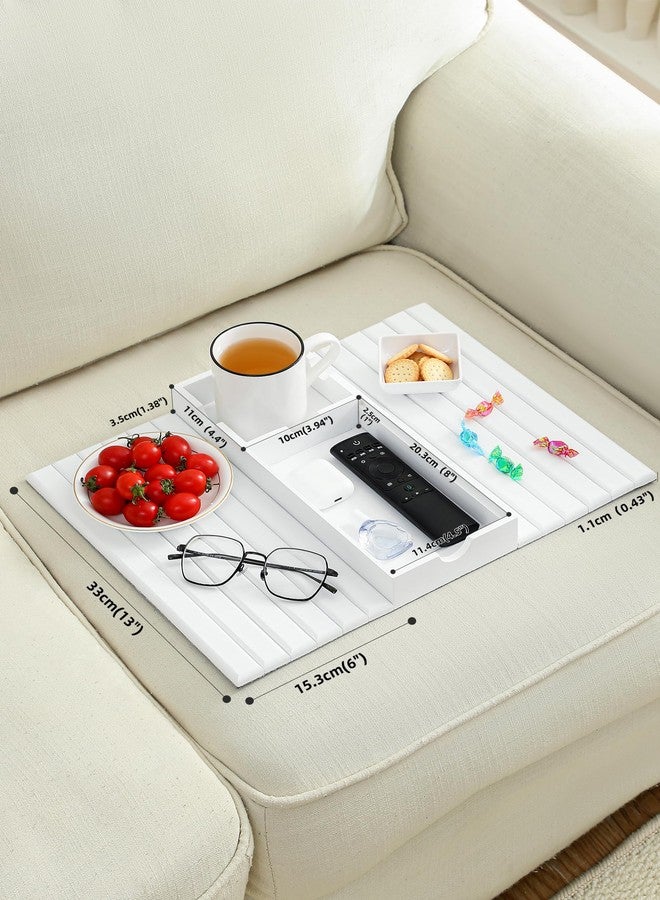 ROCDEER صينية مسند ذراع الأريكة من روكدير، صينية كبيرة من الخيزران لحمل الأكواب مع مساحة تخزين مخفية، مسند ذراع الأريكة محمول ومضاد للانسكاب للمشروبات والوجبات الخفيفة (أبيض) - Image 5