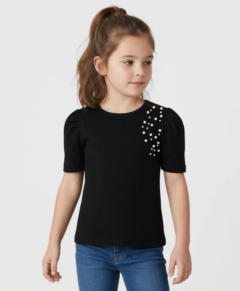 Pine Kids Pine Kids Cotton Lycra Knit Half Sleeves Top with Pearl Detailing - Black