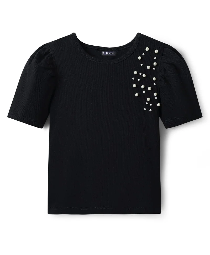Pine Kids Pine Kids Cotton Lycra Knit Half Sleeves Top with Pearl Detailing - Black