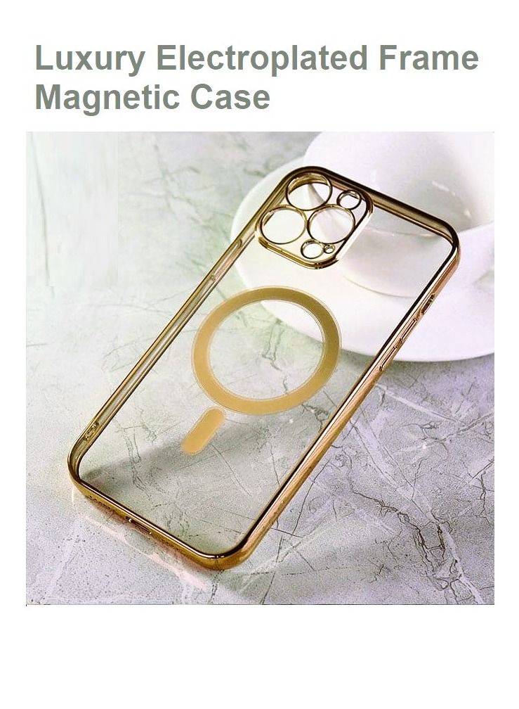 CATANES إطار مغناطيسي مطلي بالكهرباء لجهاز آيفون 13 برو مع غطاء شحن لاسلكي ماغسيف باللون الذهبي/الشفاف - Image 1