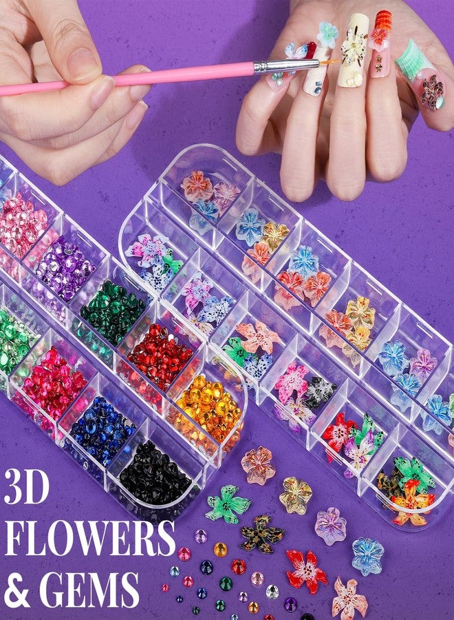 FANDAMEI Nail Art Brushes, Nail Art Kit with 15 Pcs Nail Art Brush, 5 Pcs Dotting Tools, 6 Box Nail Charms and Gems, 10 Sheet Flower Nail Stickers, Complete Nail Decoration Art with Nail Art Brushes - Image 2