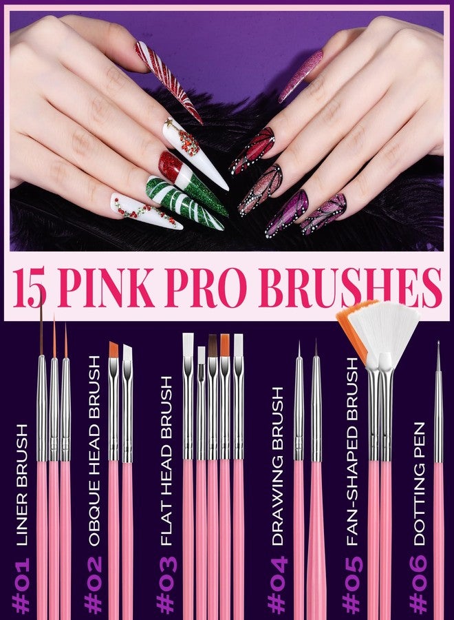 FANDAMEI Nail Art Brushes, Nail Art Kit with 15 Pcs Nail Art Brush, 5 Pcs Dotting Tools, 6 Box Nail Charms and Gems, 10 Sheet Flower Nail Stickers, Complete Nail Decoration Art with Nail Art Brushes - Image 5