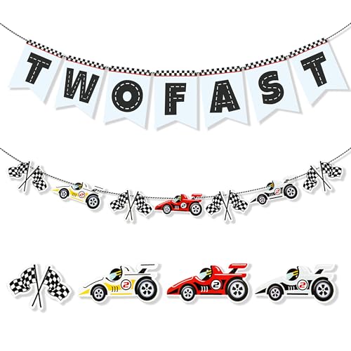FEXICHUJI Two Fast Birthday Decor Racing Theme Party Supplies Decorations with Two Fast Birthday Banner Race Cars Flags Tracks and More Vintage 2nd Birthday Photo Backdrop Props for Boys - Image 1