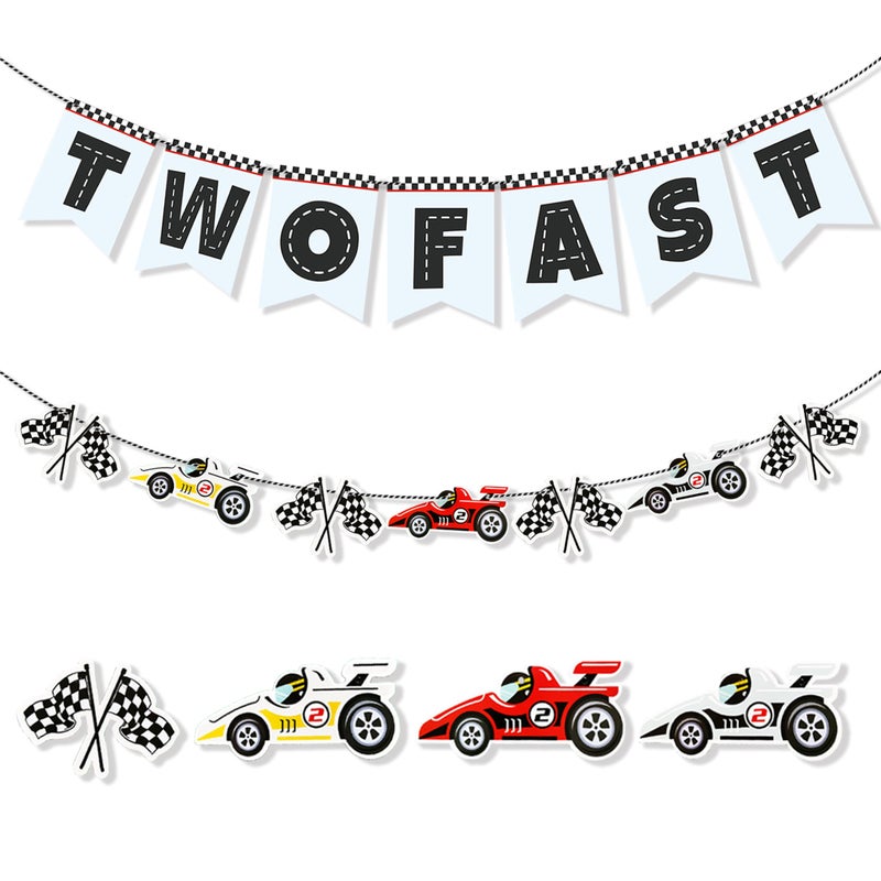 FEXICHUJI Two Fast Birthday Decor Racing Theme Party Supplies Decorations with Two Fast Birthday Banner Race Cars Flags Tracks and More Vintage 2nd Birthday Photo Backdrop Props for Boys - Image 2