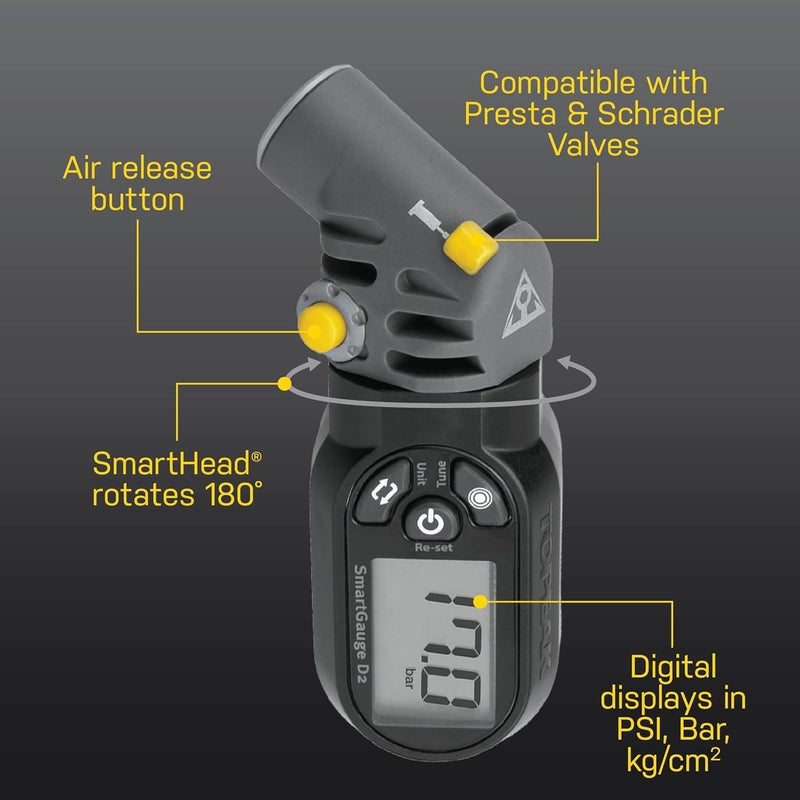 TOPEAK SmartGauge D2 Digital Tire Pressure Gauge – Presta/Schrader Compatible, 250 Psi/17 Bar, Precision Air Pressure Reader with LCD Display for Bikes, Motorcycles & Sports Equipment - Image 4