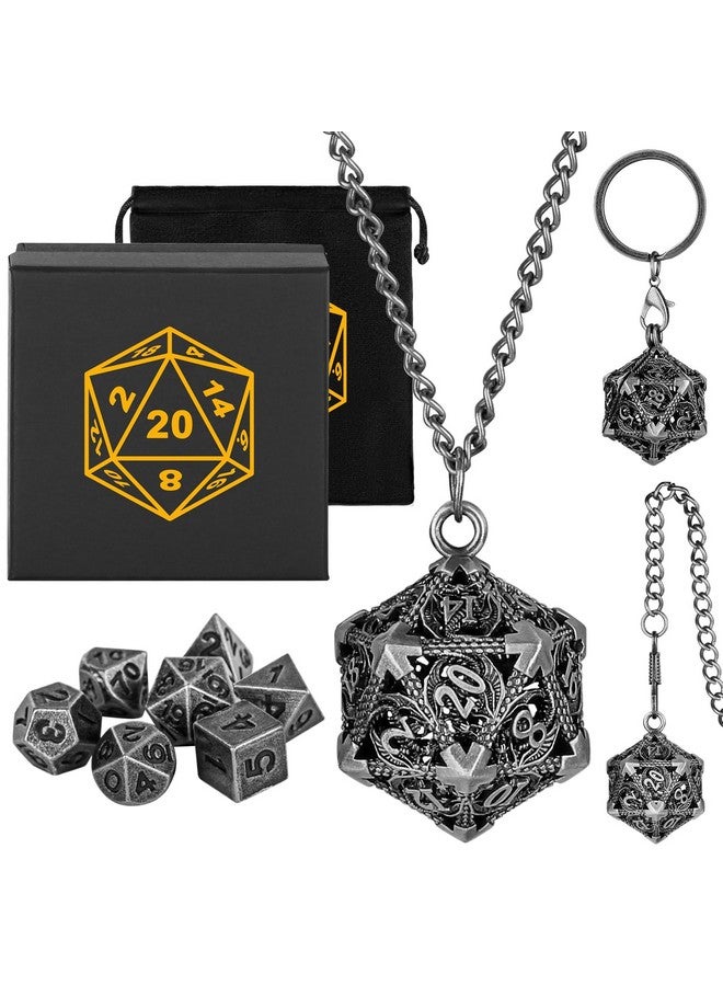 Keller & Weber Mini DND Dice Set with Portable Keychain Necklace Pocket Chain Hollow D20 Metal Case, Tiny 7pcs Polyhedral Metal D&D Dice Set, DND Gifts with Gift Box, Role Playing Board Games Accessories, Silver  - Image 1