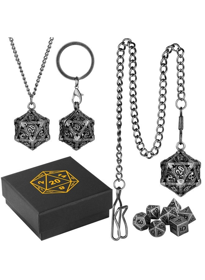 Keller & Weber Mini DND Dice Set with Portable Keychain Necklace Pocket Chain Hollow D20 Metal Case, Tiny 7pcs Polyhedral Metal D&D Dice Set, DND Gifts with Gift Box, Role Playing Board Games Accessories, Silver  - Image 2
