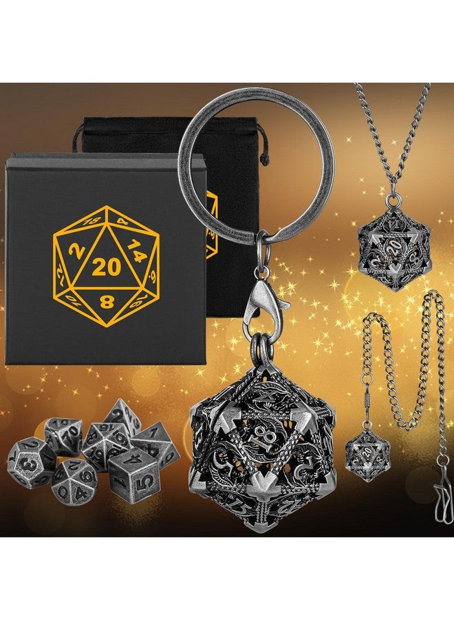 Keller & Weber Mini DND Dice Set with Portable Keychain Necklace Pocket Chain Hollow D20 Metal Case, Tiny 7pcs Polyhedral Metal D&D Dice Set, DND Gifts with Gift Box, Role Playing Board Games Accessories, Silver  - Image 5