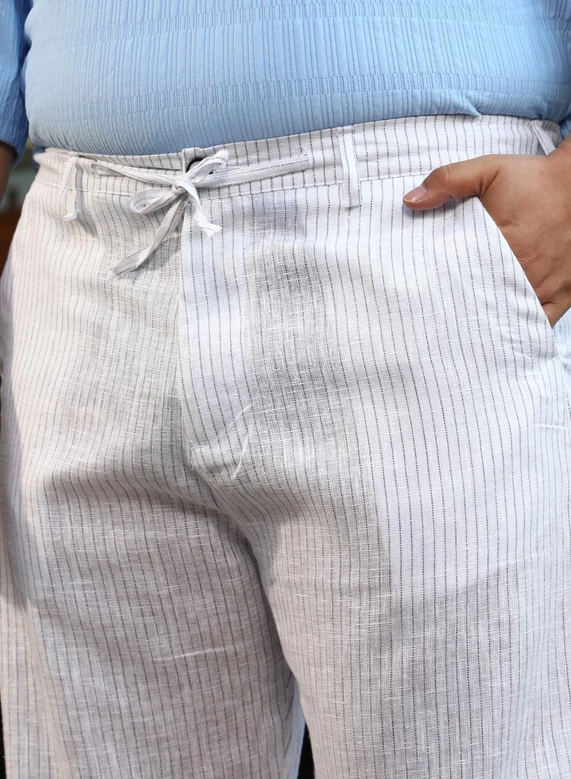 Instafab Plus Instafab Plus Men's Cream White Pinstriped Casual Trousers For Casual Wear | Mid-Rise | Regular Fit | Button Closure | Plus Size Trousers Crafted With Comfort Fit For Everyday Wear