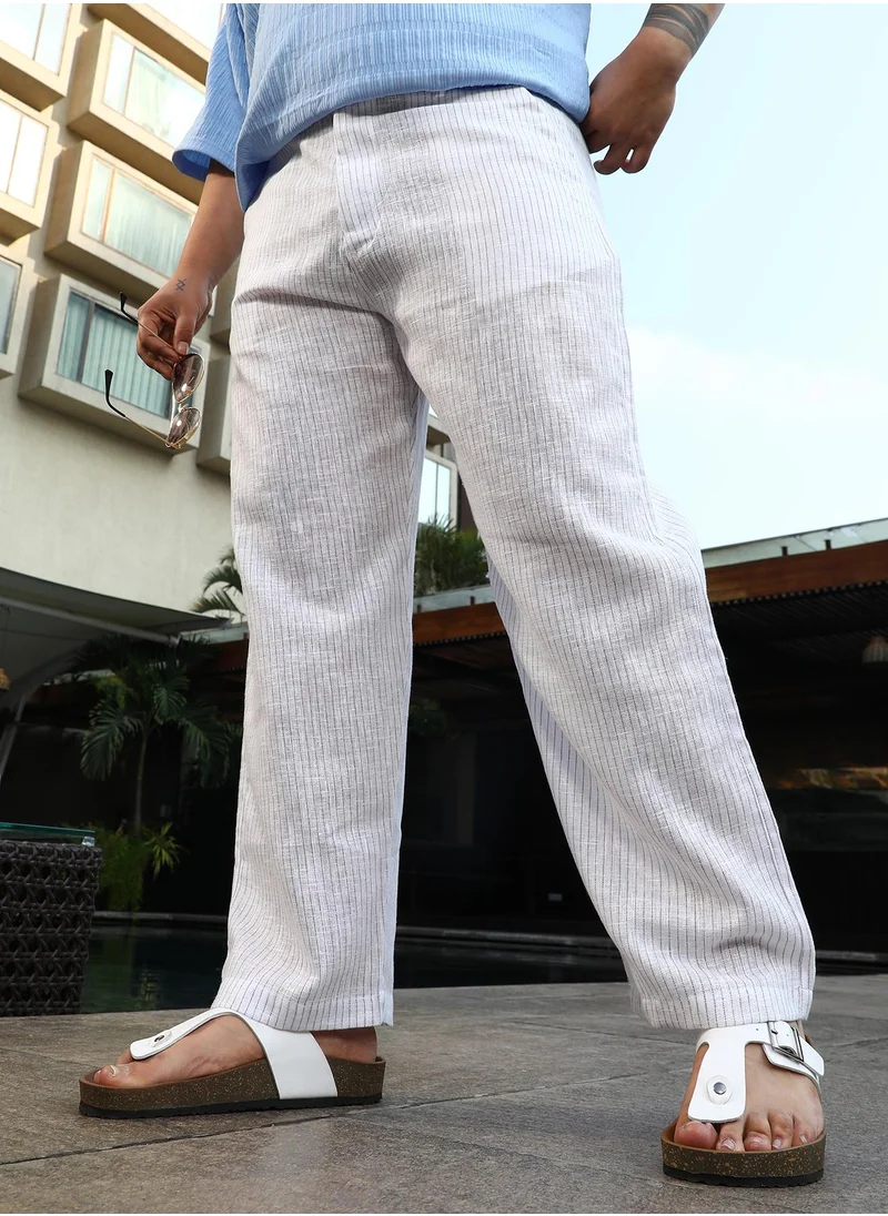 انستافاب بلس Instafab Plus Men's Cream White Pinstriped Casual Trousers For Casual Wear | Mid-Rise | Regular Fit | Button Closure | Plus Size Trousers Crafted With Comfort Fit For Everyday Wear
