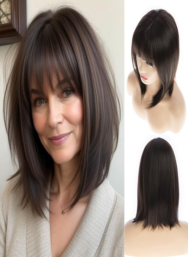 Dsimeig Brown Bob Wig Short Straight Bangs Wig for Women Synthetic Heat Resistant Hair Halloween Cosplay Use - Image 1