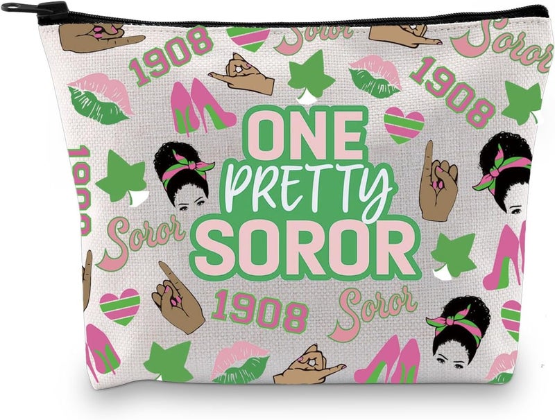 Sorority Makeup Bag Paraphernalia Gift Pink and Green Black Greek Sorority Gift One Prettty Soror Zipper Pouch for Soror Black Womens (One Pretty Bag)