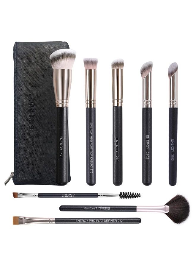 Energy Makeup Brushes Premium Synthetic Foundation Powder Concealers Eye Shadows Mascara Eyeliner Brow Fan Blush Makeup Brush Set with PU Cosmetic Bag,Professional Make Up Kit Black 8 Pcs - Image 1