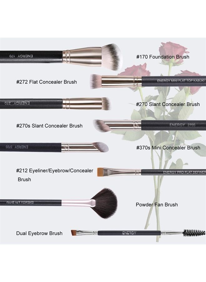 Energy Makeup Brushes Premium Synthetic Foundation Powder Concealers Eye Shadows Mascara Eyeliner Brow Fan Blush Makeup Brush Set with PU Cosmetic Bag,Professional Make Up Kit Black 8 Pcs - Image 2