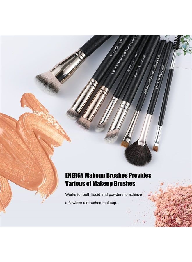 Energy Makeup Brushes Premium Synthetic Foundation Powder Concealers Eye Shadows Mascara Eyeliner Brow Fan Blush Makeup Brush Set with PU Cosmetic Bag,Professional Make Up Kit Black 8 Pcs - Image 3