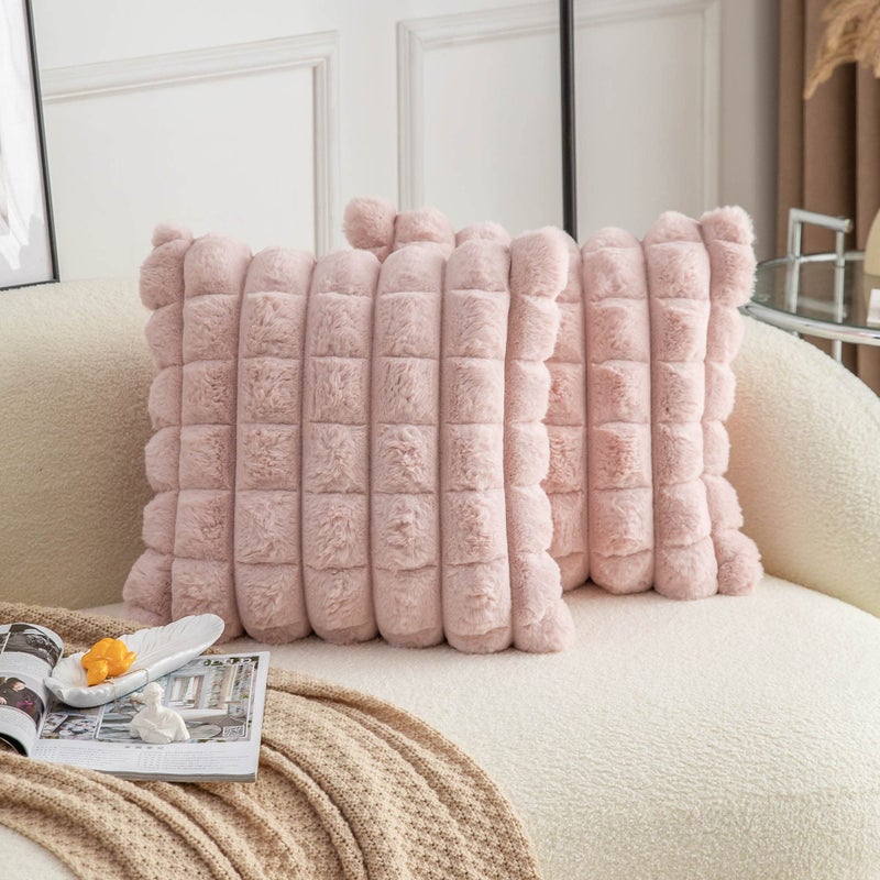 Neelvin Pink Faux Fur Cozy Soft Plaid Decorative Throw Pillow Covers 18x18 inch Set of 2Velvet Pillowcase Cushion Case for Sofa Couch