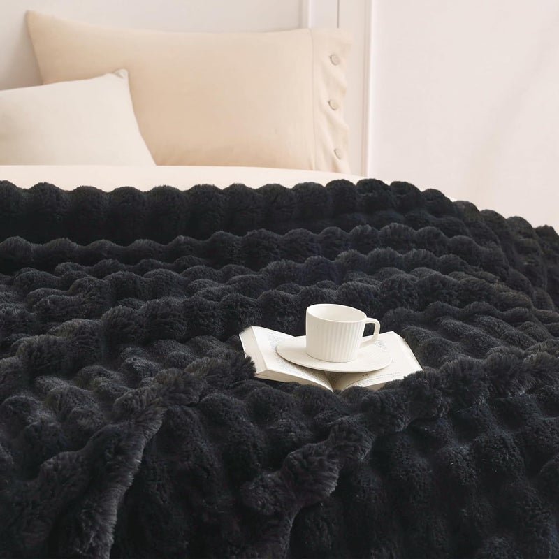 COOVA Faux Fur Throw Blanket for Couch, Cozy Soft and Fuzzy Plush Rabbit Fur Bubble Blanket for Sofa Bedroom Living Room, 60x80 Inches Black - Image 3