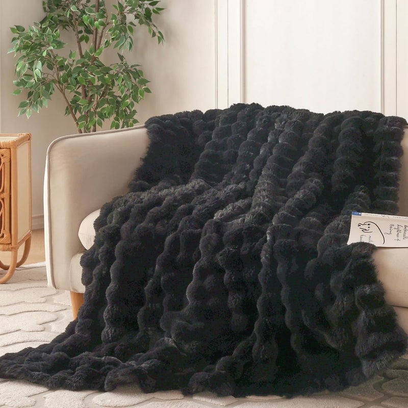 COOVA Faux Fur Throw Blanket for Couch, Cozy Soft and Fuzzy Plush Rabbit Fur Bubble Blanket for Sofa Bedroom Living Room, 60x80 Inches Black - Image 1