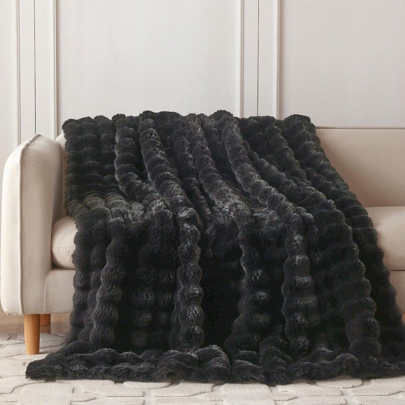 COOVA Faux Fur Throw Blanket for Couch, Cozy Soft and Fuzzy Plush Rabbit Fur Bubble Blanket for Sofa Bedroom Living Room, 60x80 Inches Black - Image 2