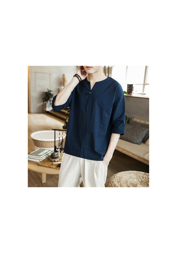 Chinese Style T-shirt Men's Short-sleeved Half-sleeve Summer Men's Loose T-shirt Cotton and Linen Material Hanfu Embroidered Linen Half-sleeve Trendy - Image 1