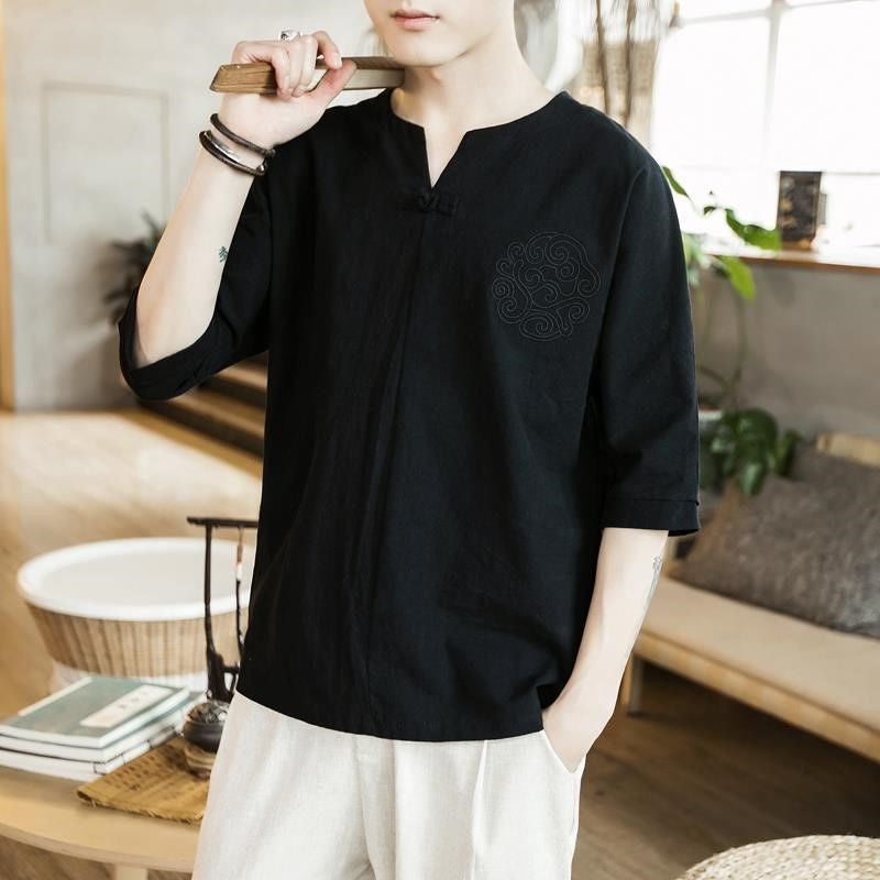 Chinese Style T-shirt Men's Short-sleeved Half-sleeve Summer Men's Loose T-shirt Cotton and Linen Material Hanfu Embroidered Linen Half-sleeve Trendy - Image 5