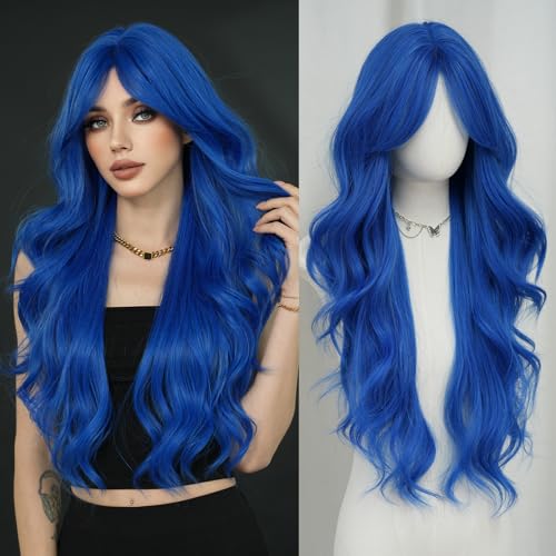 7JHH WIGS Blue Long Water Body Wavy Wigs with Curtain Bangs 31in Natural Heat Resistant Synthetic Fiber Midlle Part Women Long Curly Blue Wigs for Chrismas Daily Party Daily Used - Image 1