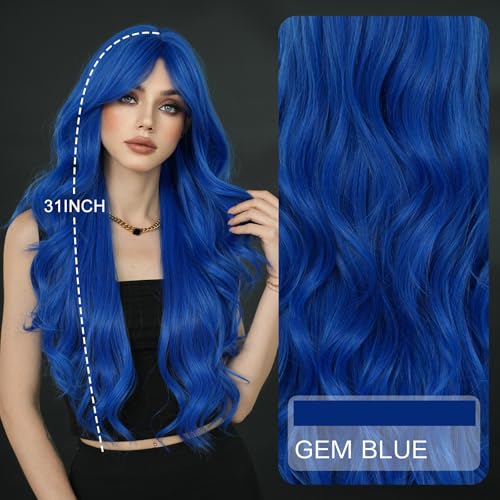7JHH WIGS Blue Long Water Body Wavy Wigs with Curtain Bangs 31in Natural Heat Resistant Synthetic Fiber Midlle Part Women Long Curly Blue Wigs for Chrismas Daily Party Daily Used - Image 3